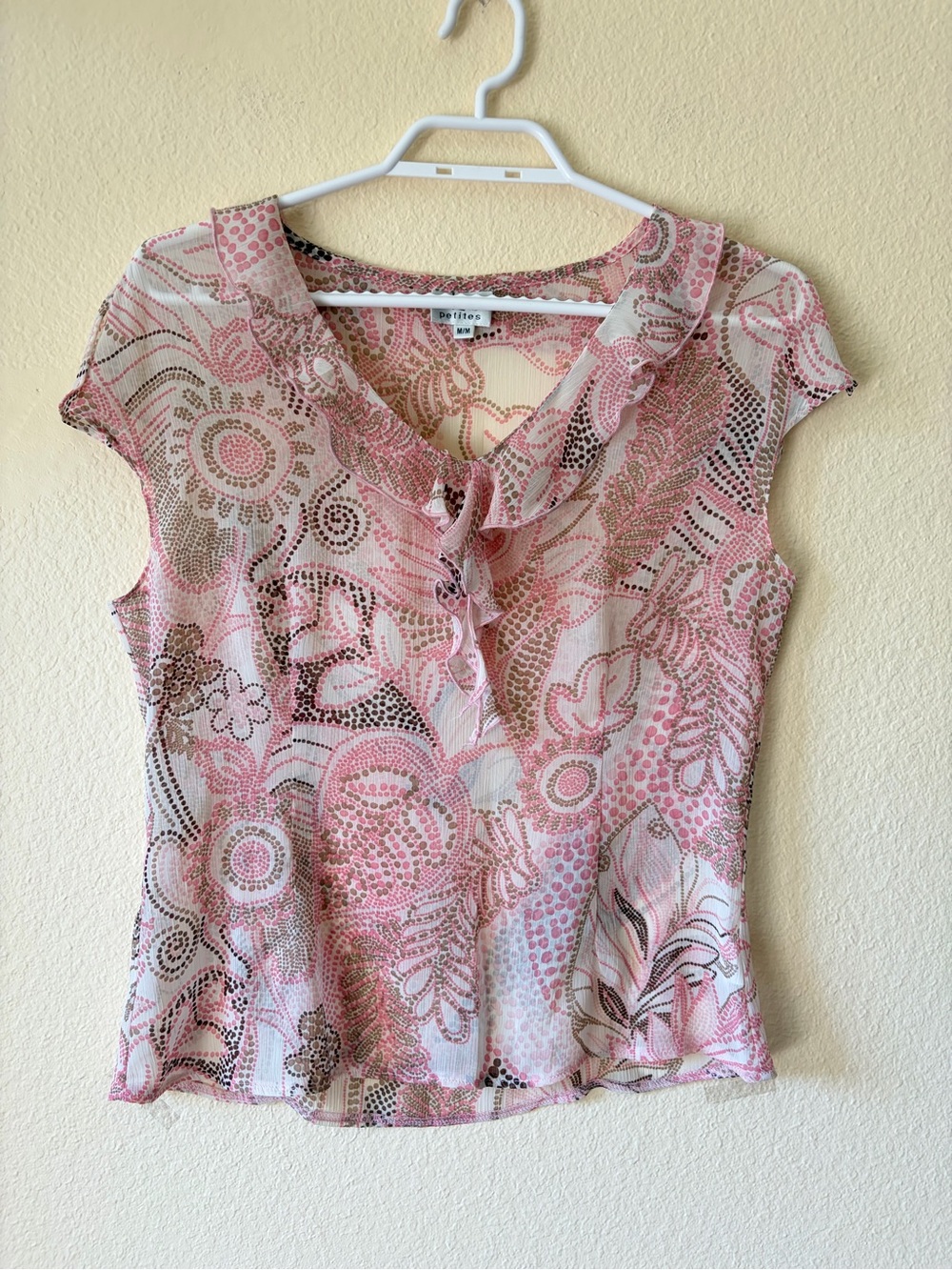 Cleo Petites Semi Sheer Pink Paisley Ruffle Blouse Y2K Romantic Fairycore Top - Picture 2 of 8